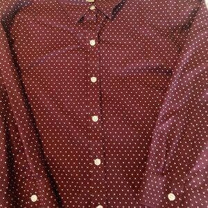 LLBean 3/4 sleeve, button-down shirt, burgundy dot size L